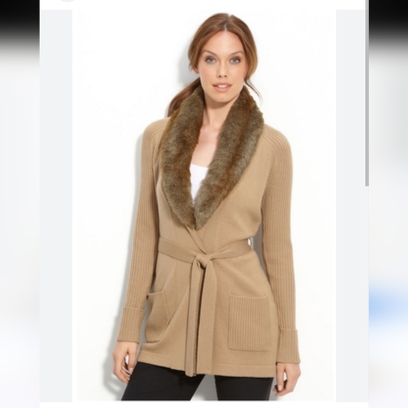 Trina Turk Merino Wool with Removeable Faux Fur Collar Knit Cardigan - Picture 1 of 5